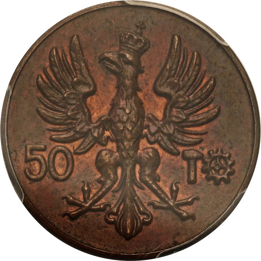 II RP. PRÓBA brąz 50 marek 1923, kobieta z kłosami PCGS SP62 BN (2 MAX)